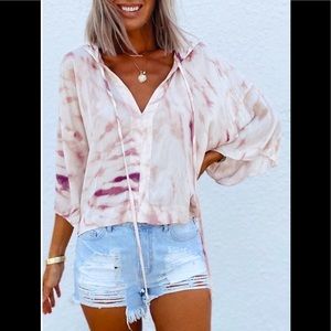 RARE Hoodie Tie-dye Whiter/purple Deep V-Neck Silky Pullover Soft Windbreaker